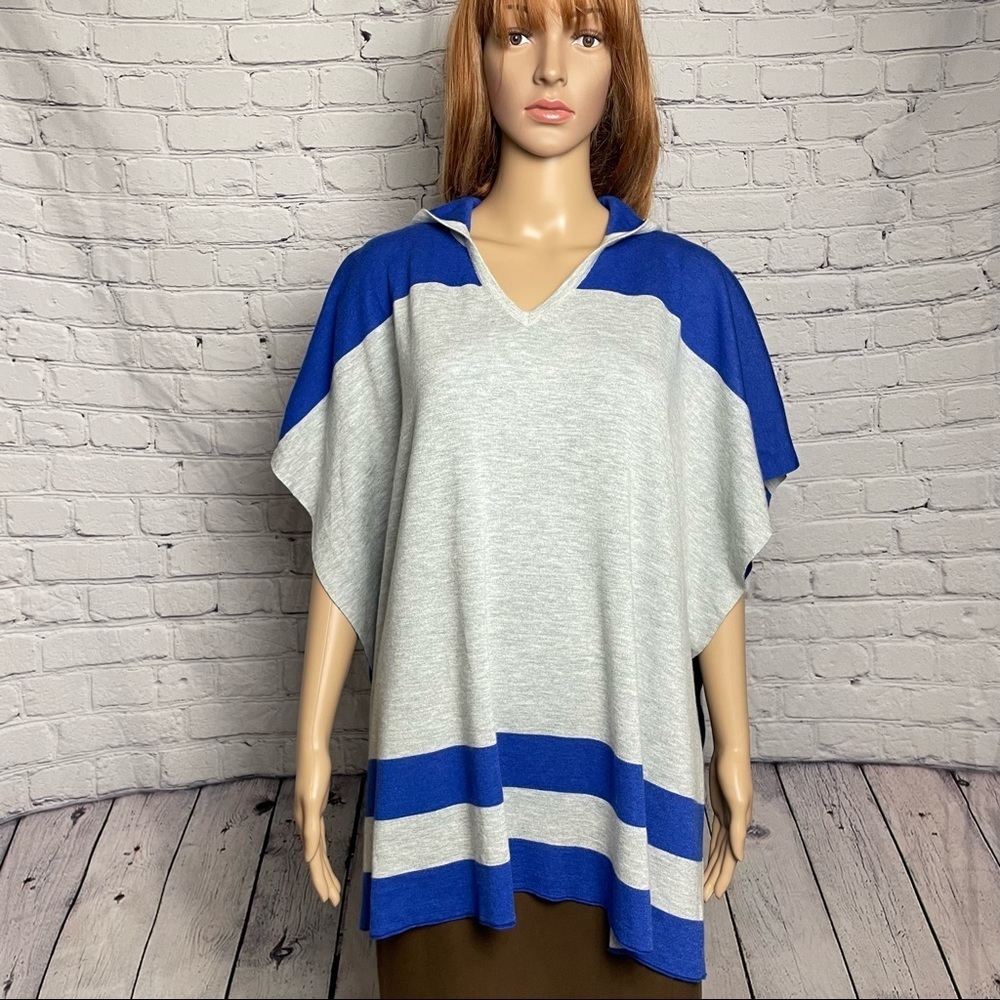 NWT New $238 Kokun Bamboo Cashmere Grey Blue Hooded Double-sided Poncho Size S